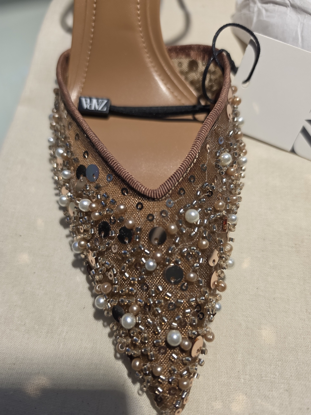 Zara Embellished Pointed Slingback Mules in Brown - Picture 4 of 6